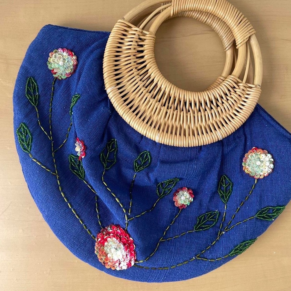 Vintage Blue Purse with sequined and beaded flowers.